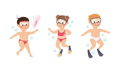 Little Boy and Girl in Swimsuit Diving and Swimming in Flippers Vector Set