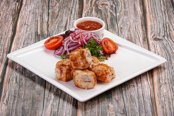 Chicken fillet skewer shashlik with sauce