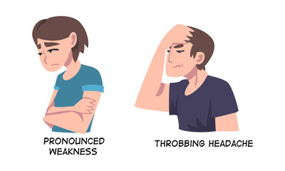 Fototapeta premium Sick Man and Woman Feeling Weakness and Throbbing Headache as Symptom of Heart Stroke Vector Set