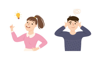 Man and Woman Thinking and Figuring Something out Searching for Idea Vector Set