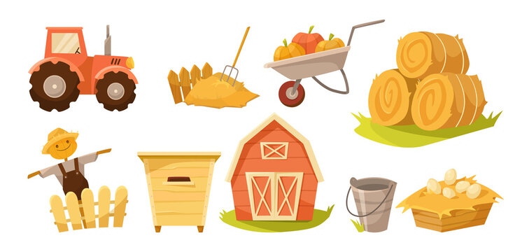 Farm or countryside elements vector illustrations set. Cartoon drawings of tractor, hay bales, scarecrow from straw, barn or red house isolated on white background. Farming, agriculture concept
