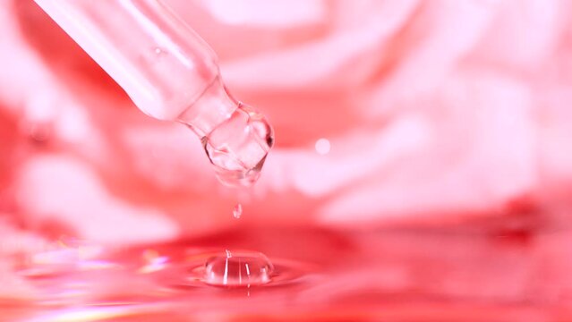 Pink serum fluid, oil drop from dropper falling in water on blurred rose flower