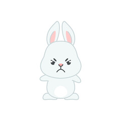 Fototapeta na wymiar Cute angry bunny. Flat cartoon illustration of a funny little gray rabbit furrowing its eyebrows isolated on a white background. Vector 10 EPS.