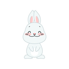 Cute blushing and smiling bunny. Flat cartoon illustration of a shy little gray rabbit isolated on a white background. Vector 10 EPS.