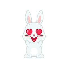 Cute bunny in love. Flat cartoon illustration of a funny little gray rabbit with heart shaped eyes isolated on a white background. Vector 10 EPS.
