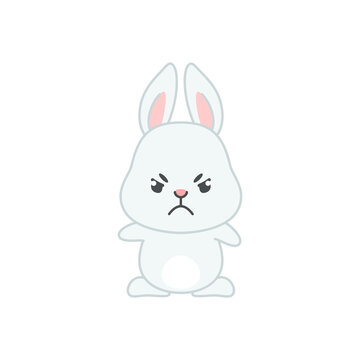 Cute angry bunny. Flat cartoon illustration of a funny little gray rabbit furrowing its eyebrows isolated on a white background. Vector 10 EPS.