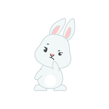 Cute doubting bunny. Flat cartoon illustration of a funny little gray rabbit thinking isolated on a white background. Vector 10 EPS.