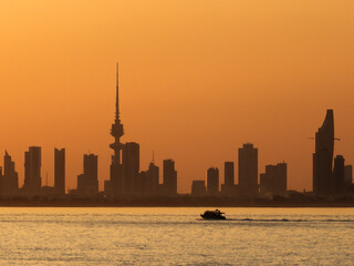      Silhouette of Kuwait Liberation Tower with seascape sunset sunrise  
