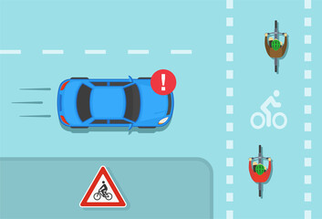 Safe driving tips and traffic regulation rules. "Cyclist ahead" warning sign. Cyclists crossing road junction on a bike lane. Flat vector illustration template.