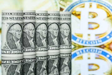 Crypto currency, blockchain or digital money, financial concept : One US USD dollar and Bitcoin on...