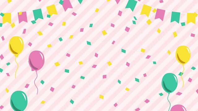 カラフルな風船が下から飛ぶストライプ柄のお祝いの背景アニメーション動画