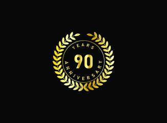 Naklejka premium 90th anniversary celebration with gold glitter color and white background. Vector design for celebrations, invitation cards and greeting cards.