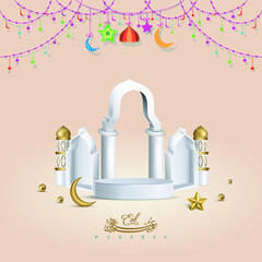 Eid Adha Mubarak Holiday Background with 3D Realistic Mosque in Podium Vector Illustration