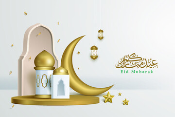 Eid adha mubarak islamic decoration background with crescent, gold podium, arabic lantern mosque 3D illustration vector