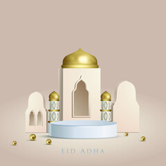 Eid adha mubarak podium, golden tower, star 3D illustration vector