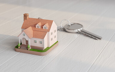 House key and house model on wooden floor.Concept for real estate,property,agent.3d rendering