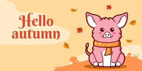 Hand drawn autumn social media banner template with pig illustration