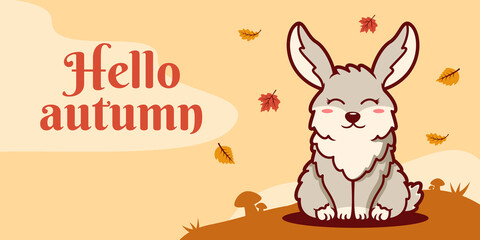 Hand drawn autumn social media banner template with rabbit illustration