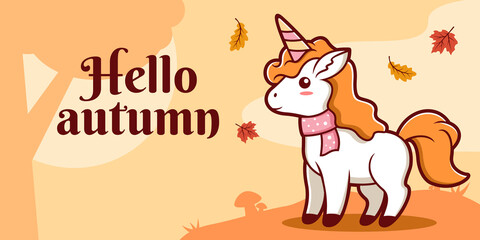 Hand drawn autumn social media banner template with unicorn illustration