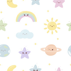 Kawaii seamless pattern with funny planets, stars, rainbow, sun, moon and cloud. Сute print for phone case, backgrounds, fashion, wrapping paper and textile. Vector Illustration