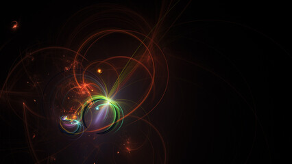 Abstract green and orange shiny shapes. Fantastic light effect. Digital fractal art. 3d rendering.