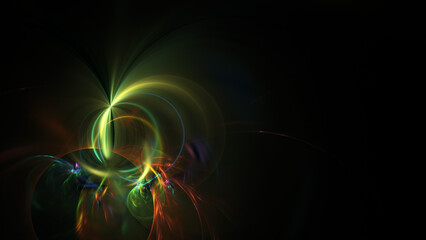 Abstract green and gold shiny shapes. Fantastic light effect. Digital fractal art. 3d rendering.