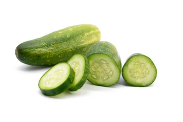Fresh cucumber slices over on background