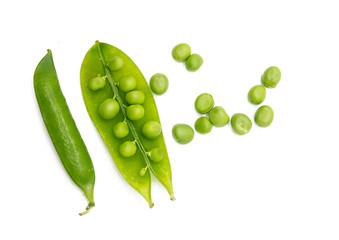 Isolated green pods. Sweet green pea. Top view. White background.