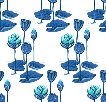 Seamless pattern with lotus flowers, leaves on white background. Vector botanical texture with blue hand-drawn water lilies on stems in lake.