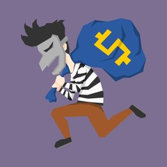 An illustration of a thief with a mask carrying away a sack of money