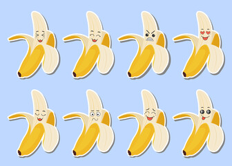 Set of stickers yellow banana with kawaii emotions. Flat vector illustration of a banana with emotions On a blue background.