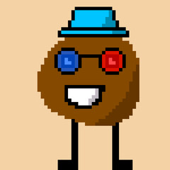 Graphics of a smiling potato with a blue hat and red and blue glasses.