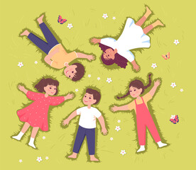 Little boys and girls lying on green grass. Kids on lawn with flowers in park, international children day flat vector illustration. Spring, summer, childhood concept for banner or landing web page