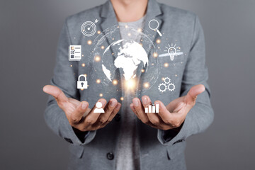 Businessman with internet technology, global internet connection and digital marketing, searching for information, finance and banking, digital link technology, big data.