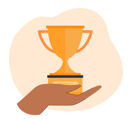 Hand holding tiny gold cup. Winner of competition or contest with trophy flat vector illustration. Victory, success, achievement, goal concept for banner, website design or landing web page