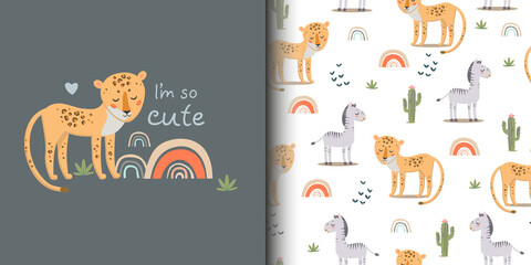 A set of illustrations. Seamless patterns with cute leopards and zebras.Pattern with animals of Africa. Children's jewelry and textiles. Vector drawing
Web