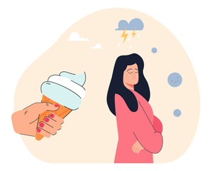 Depressed woman turning back to huge hand holding ice cream. Upset girl rejecting help flat vector illustration. Support, communication, psychology concept for banner, website design or landing page