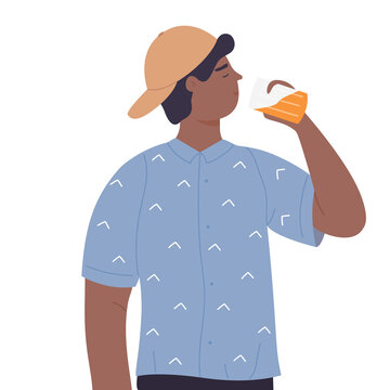 Young man drinking alcohol beverage. Drinks party, cocktails consumption vector illustration