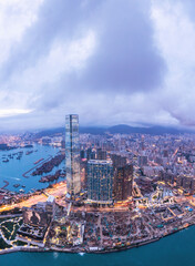 Amazing night of Victoria Harbour and Sky100 area, Hong Kong, at evening time