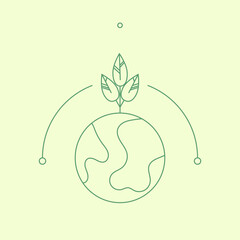 Simple design with Earth conservation concept. Outline of a planet with a plant blooming on it