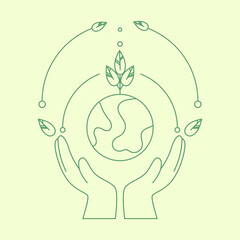 Simple design with Earth conservation concept. The outline of the hands protecting the planet on which trees grow