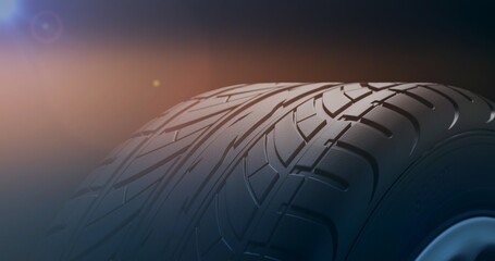 Flare car rim close up perspective view on a black background. Car tire macro. Wheel automobile. 3d Render - obrazy, fototapety, plakaty