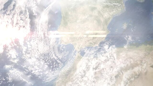 Earth zoom in from outer space to city. Zooming on Dos Hermanas, Spain. The animation continues by zoom out through clouds and atmosphere into space. Images from NASA