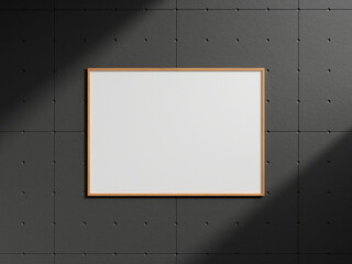 Clean and minimalist front view landscape wooden photo or poster frame mockup hanging on the industrial brick wall with shadow. 3d rendering.