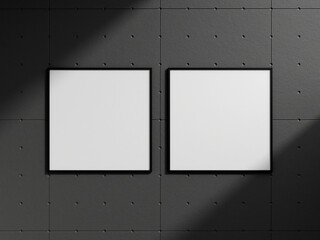 Clean and minimalist front view square black photo or poster frame mockup hanging on the industrial brick wall with shadow. 3d rendering.
