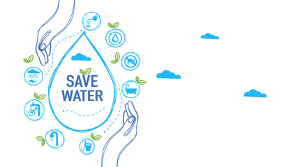 concept of water saving tips icon infographic. Save water, save earth and go green, environment protection campaign concept. on the blue background.	
