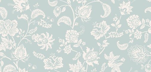 Bicolor summer floral pattern. Design for wallpaper, wrapping paper, background, fabric, decoupage. Seamless background with decorative climbing flowers - 515321789
