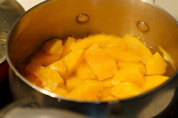 Cooking boiled pumpkin close-up. Vegan diet. Healthy food. Nutrition and dietetics concept.