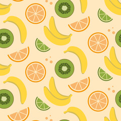 Banana, kiwiw and orange seamless pattern background