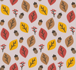 どんぐりと秋色落ち葉のパターン　薄茶色